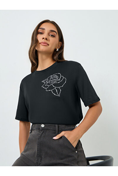 Styli Women Black Rose Crystal Oversized T-Shirt