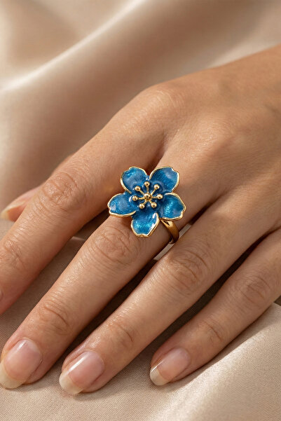 AURRARİ Gold Adjustable Blue Sakura Flower Ring