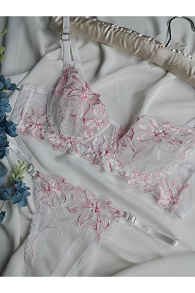 ROZENİN LINGERIE Çiçekli Balenli Kapsız Sütyen Tanga Takımı