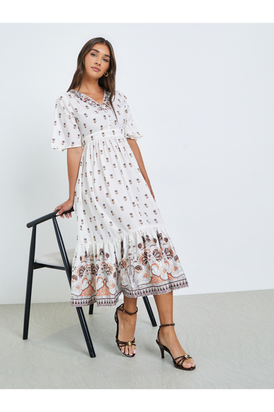 Styli Women Cream Floral Print A-Line Midi Dress