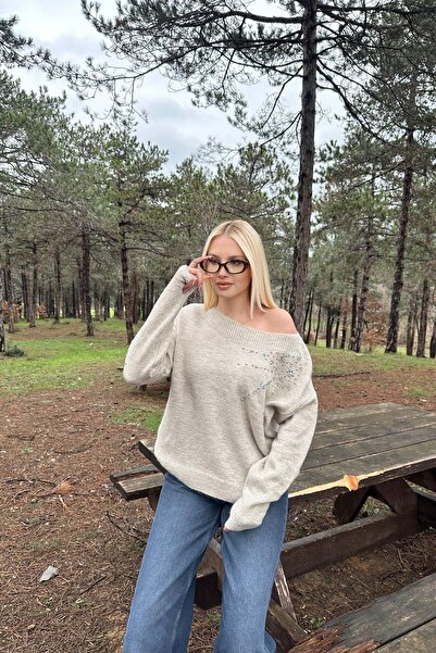 lizge giyim Boat Neck Stone Detail Knitwear Sweater