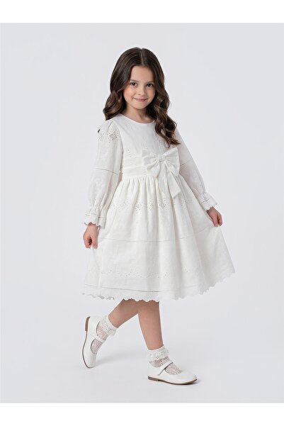 Pina Kids Girl's Long Sleeve Dress with Ribbon on the Front and Scallop Hem