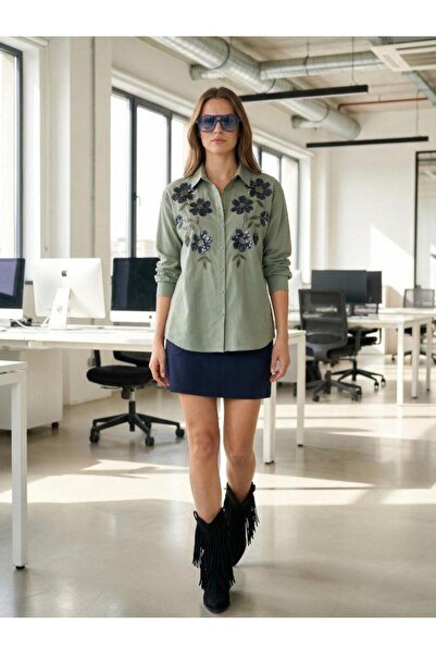 Kokoşum Butik 4165 Happy Stone Sequined Shirt Oil Green