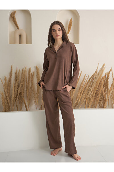 Sanskrutihomes By Styli Women Brown Viscose Shirt and Pyjama Set