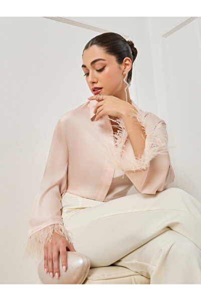 Styli Women Cream Satin Shirt with Feathered Trims