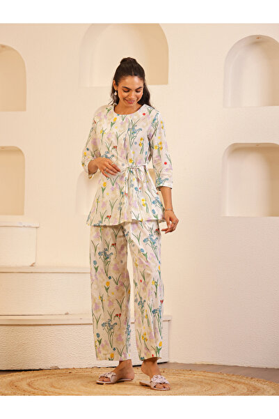 Sanskrutihomes By Styli Women White Round Neck Pure Cotton Shirt and Trousers...