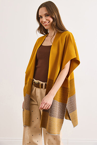 Olalook Women's Mustard Zigzag Patterned Poncho Cardigan Hrk-19000422