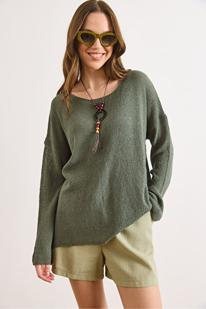 Olalook Women's Green Boat Neck Mercerized Collared Draped Knitwear Blouse Bl...