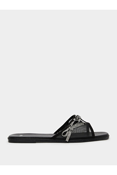 Styli Black Embellished Bow Trim Mules