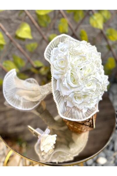 GÜRLEK TEKSTİL Tüllü Kristal Taşlı Beyaz Gül Gelin Çiçeği