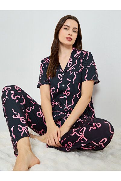 Styli Women Bow Print Buttoned Shirt and Pyjama Set