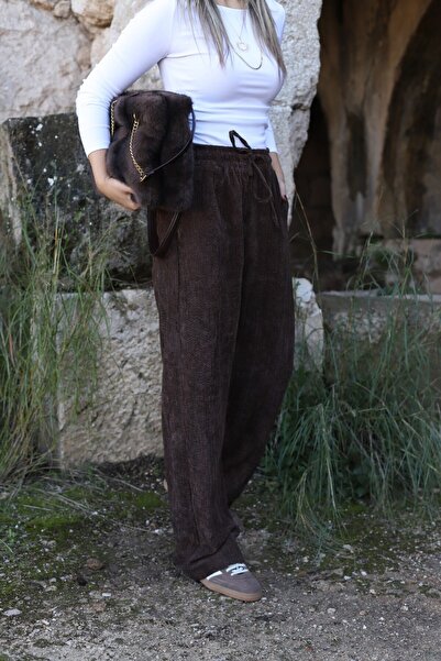 bytugcekaya Brown Velvet Elastic Waist Trousers