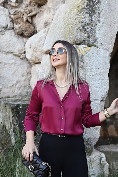 bytugcekaya Burgundy Draped Satin Gold Buttoned Shirt