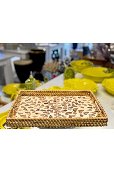 Sever KAHVE ÇİÇEK RATTAN SEDEFLİ TEPSİ 23X32X3CM