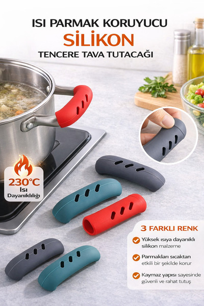 Ecuy Silikon Tencere Kulpu Koruyucu Isıya Dayanıklı Kaymaz Yanmaz Güvenli Ten...
