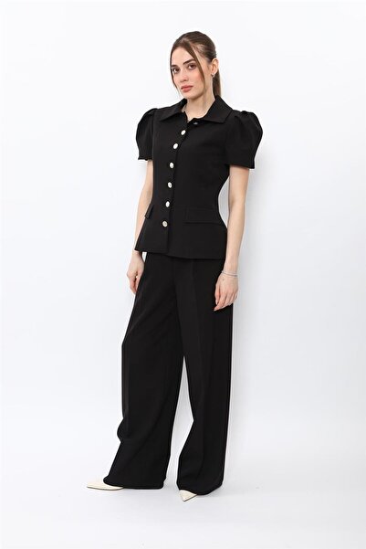 ÖNDER ÖZSOY Shirt Collar Short Sleeve Modern Jacket & Classic Palazzo Women's...