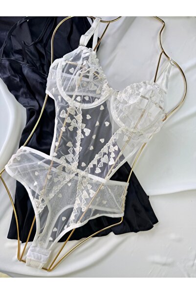 ROZENİN LINGERIE Ekru Kalpli Balenli Transparan Bodysuit