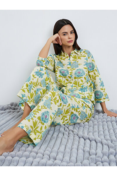 Styli Floral Longline Cotton Shirt and Wide Leg Pyjama Set