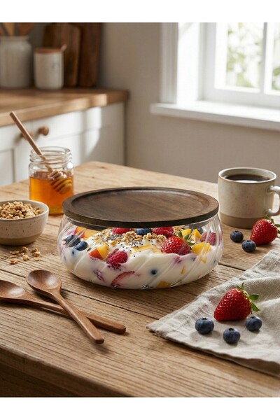 FARALYAHOME Acacia Lid Glass Presentation Bowl 19X7 cm Dessert Presentation B...