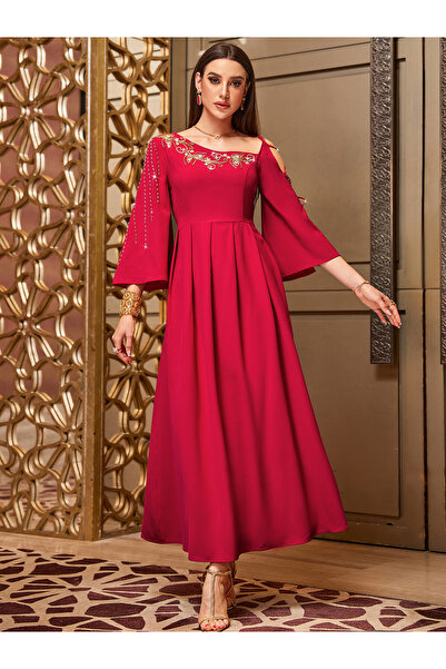 Take Two By Styli Women Red Rhinestone Embellished Cut-Out Sleeve Maxi Dress