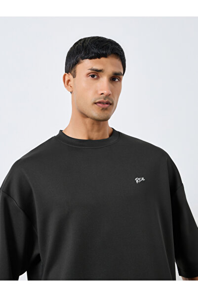 Styli Men Black Boxy Chest Embroidered T-Shirt