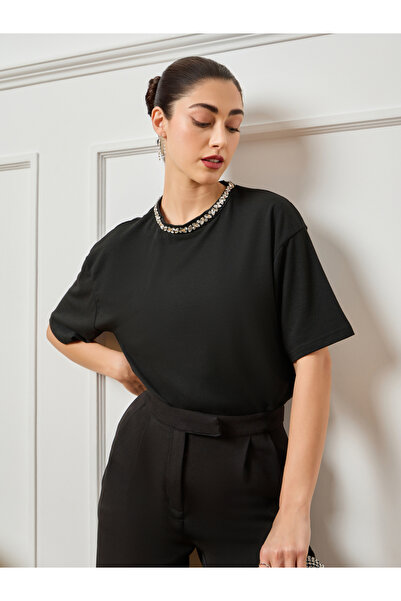 Styli Women Black Embellished Oversized T-Shirt