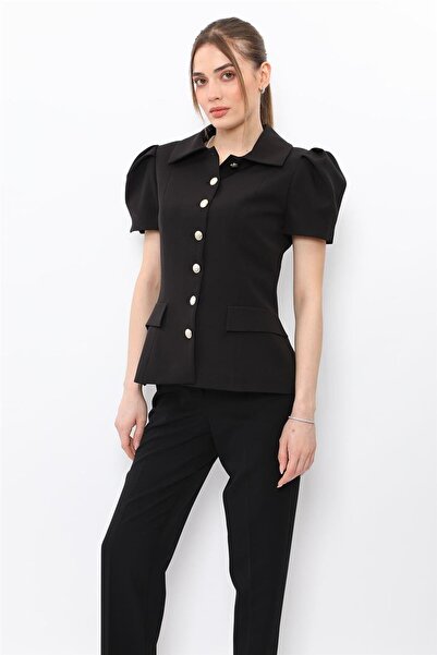 ÖNDER ÖZSOY Shirt Collar Short Sleeve Modern Women's Jacket-Black