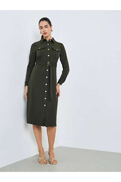 Styli Women Olive Belted Shirt Midi Dress