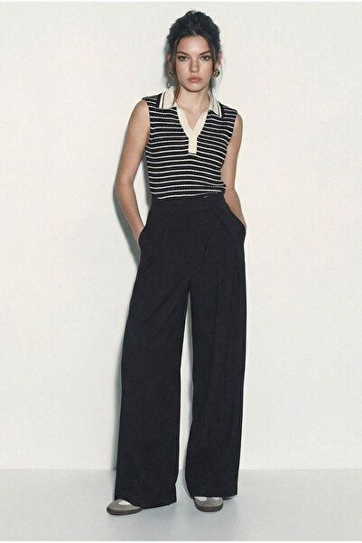 Bianco Lucci Women's Polo Neck Striped Ribbed Thick Strap Summer Knitwear Blo...