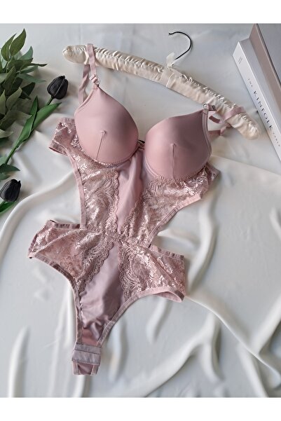 ROZENİN LINGERIE Destekli Deri Görünümlü Dantel Detaylı Çıtçıtlı Body