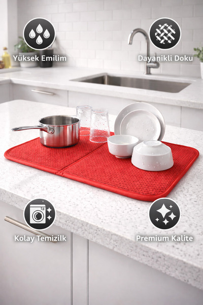 Single Kırmızı Mikrofiber Bulaşık Kurulama Matı Kurutma Örtüsü Tezgah Üstü Sü...