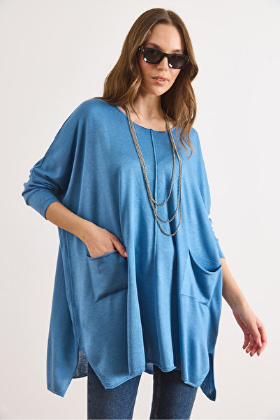 Olalook Women's Blue Double Pocket Oversize Slit Long Knitwear Tunic Tnk-1900...