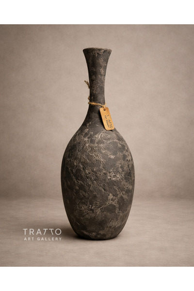 Tratto El Yapımı Antik Eskitme Seramik Vazo | Uzun Boyunlu Rustik Dekoratif Obje