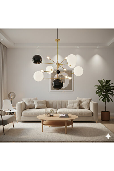 VEYRA Lumina Sphere: Modern Asimetrik Pirinç Gövdeli Siyah-Beyaz Küre Avize