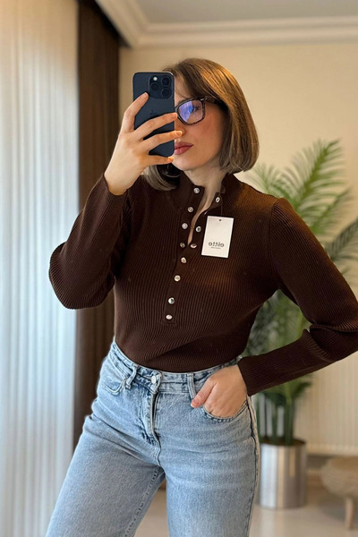 Kubos Moda Snap Detail Thessaloniki Knitted Brown Sweater