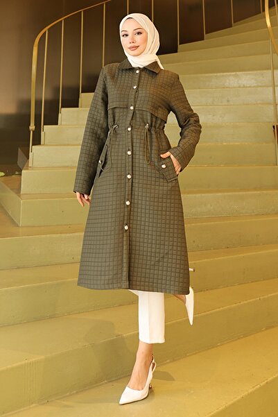 Modamihram Buttoned Waist Tie Quilted Cap Khaki 19289