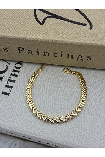Hedef Bijuteri 14K Gold Renk Zirkon Taşlı V Model Balık Sırtı Bileklik CM15
