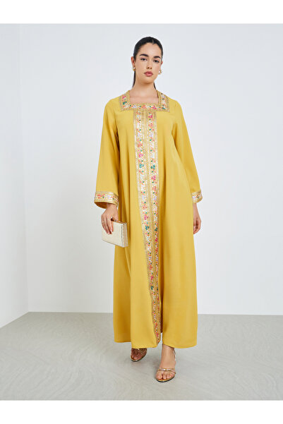 Amirah By Styli Women Square Neck Sequin Panel Jalabiya