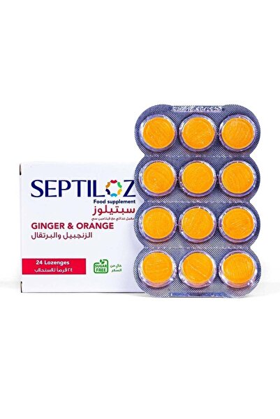 Septiloz معينات زنجبيل وبرتقال خالية من السكر - لتخفيف التهاب الحلق - 24 معينة