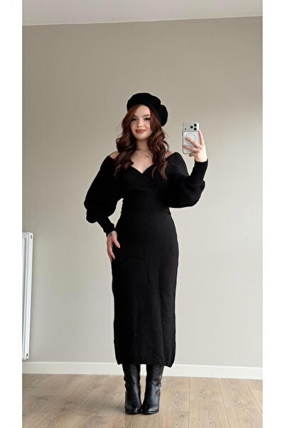 AYŞENUR DİNÇER V Yaka Crop Kazak Etek Takım Siyah