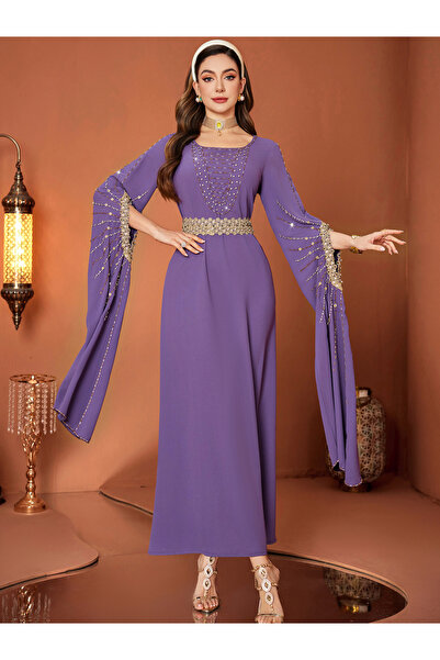 Take Two By Styli Women Purple Rhinestone Embellished Slit Sleeve Jalabiya