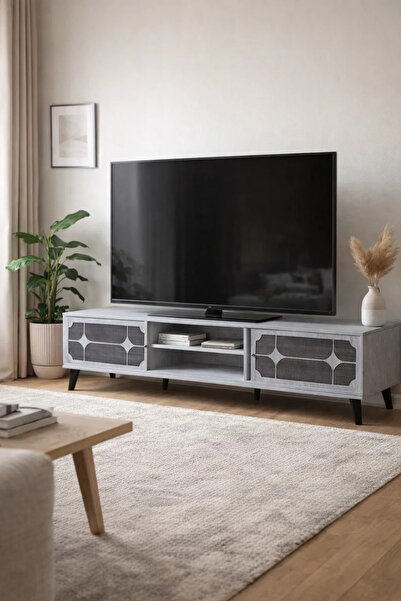 MARIA HOMES Stylish Grey TV Unit 200cm Wide Media Cabinet with Storage and Ge...