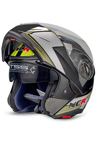 NCR 158 SARI BEYAZ GRAFİK ÇENE AÇILIR MOTOSİKLET KASKI ECE 22.06 ve DOT