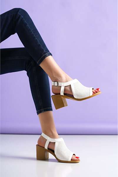 guijarro White Skin Women's Perforated Sandals Thick Heeled Summer Shoes