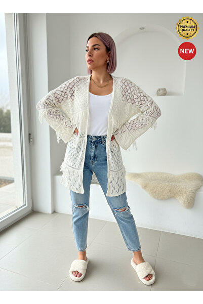 Teenage Millionaire Women's Off-White Ecru Tasseled Lace Woven Detailed Cardi...