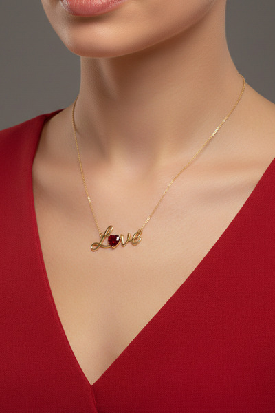 14 Ayar Altın Kırmızı Zirkon Taşlı "Love" Yazılı Aşk Kolyesi Sevgililer Günü Özel