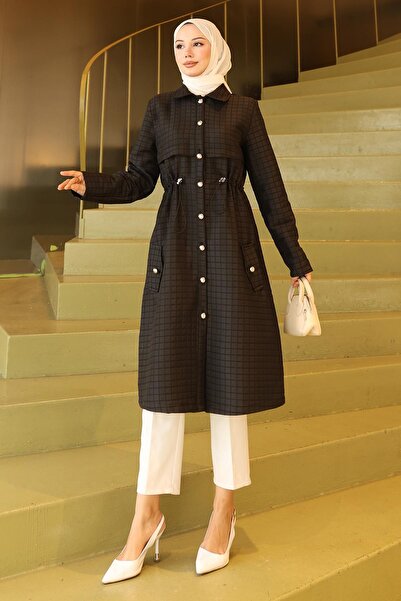 Modamihram Buttoned Waist Tie Quilted Cap Black 19289