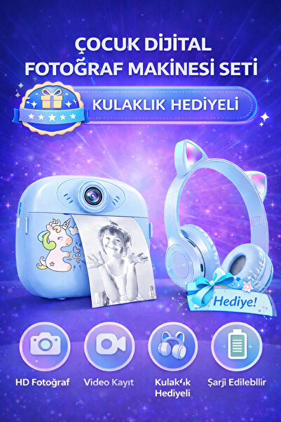 Omaze Baskı Özellikli Dijital Fotoğraf Makinesi Mavi Kedili Kulaklık Hediyeli...