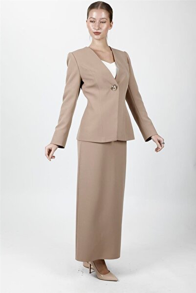 ÖNDER ÖZSOY V-Neck Single Button Classic Jacket & Long Pencil Skirt Women's S...