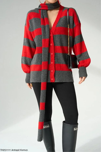 Rönesans Butik Kadın Kırmızı Atkılı Triko Hırka – Yumuşak Dokulu Oversize